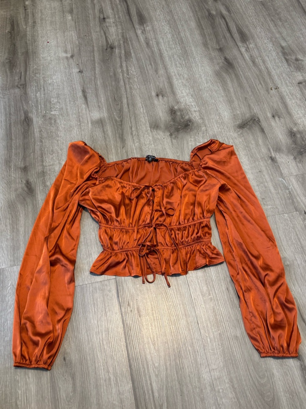 Womens Rust Satin Long-Sleeve Peasant Blouse